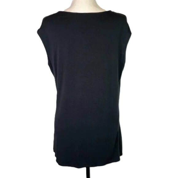 Isda Jersey Knit Top Tunic Black Short Cap Sleeves Ruffle Deep V Neck Size L - Picture 2 of 7